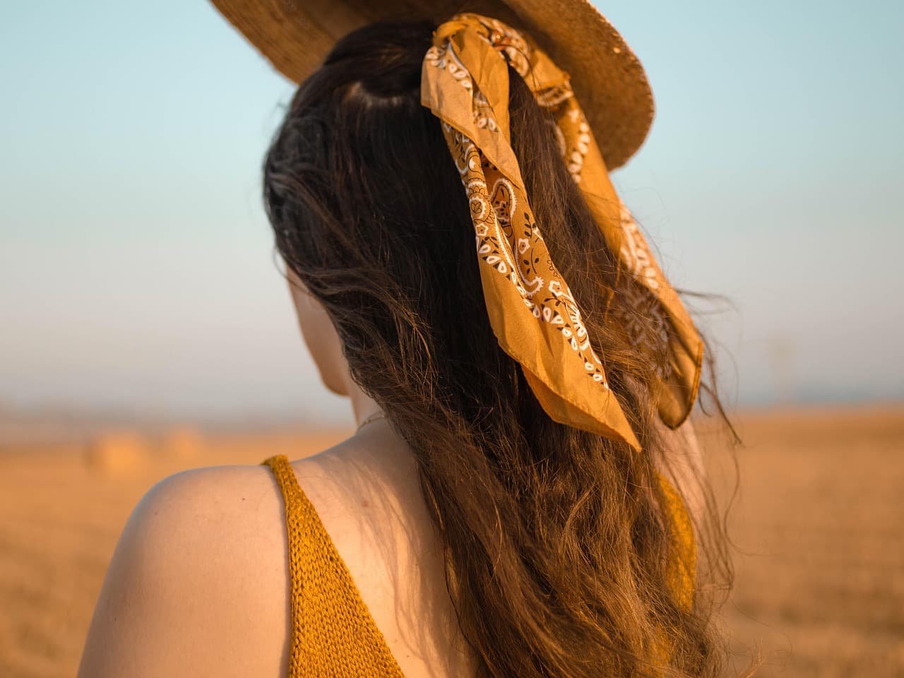 Long brown hair with warm, lighter lengths, seen from behind in low evening sun